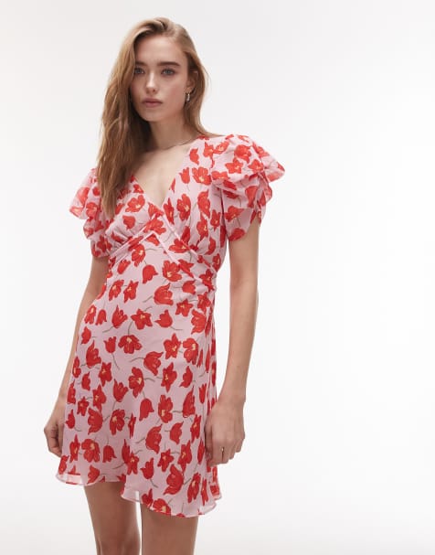 Topshop - Schuingesneden nette mini jurk met gerimpelde mouwen en bloemenprint in roze en rood - view 1