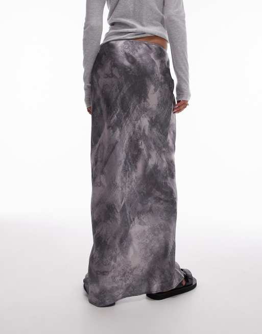 Topshop - Schuingesneden satijnen maxi rok in grijs met print, 2 van 5