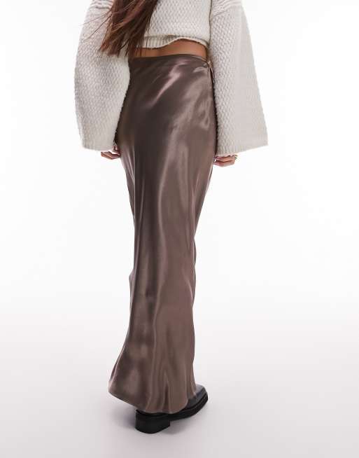 Topshop - Schuingesneden satijnen maxi rok in paddenstoelkleur, 4 van 5