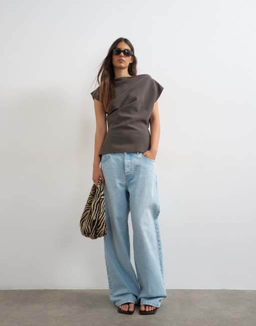 Topshop – Schulterfreies, asymmetrisches Oberteil in Anthrazit, Kombiteil , 3 von 4