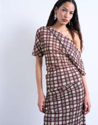 Topshop - Schulterfreies, drapiertes Netzstoff-Oberteil in kariertem Braun-Brown