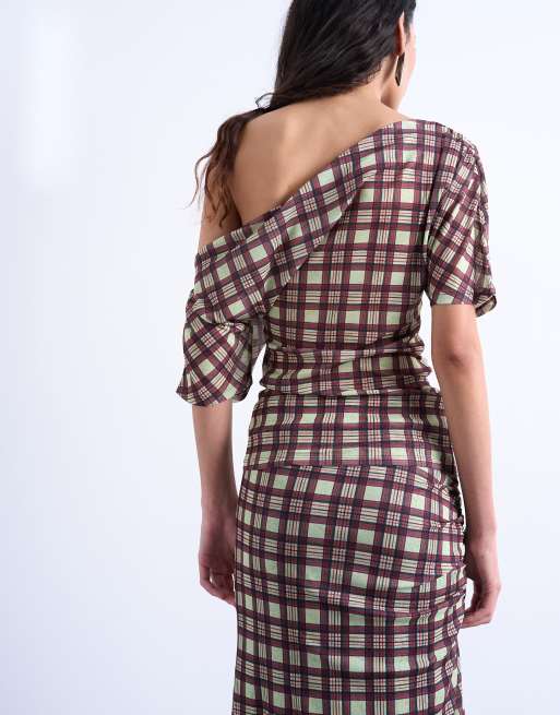 Topshop – Schulterfreies, drapiertes Netzstoff-Oberteil in kariertem Braun, 4 von 4