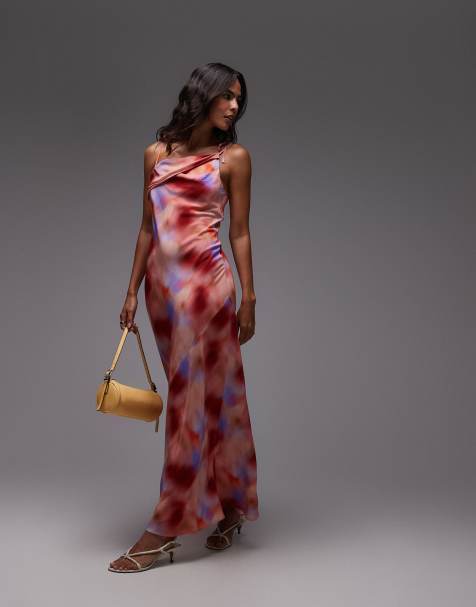 Topshop – Schulterfreies Midikleid in Rosa mit abstraktem Muster - view 1