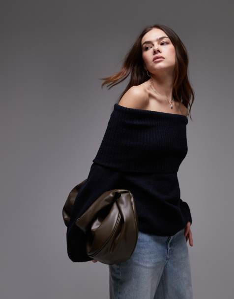 Topshop – Schulterfreies Strick-Oberteil in Marineblau - view 1