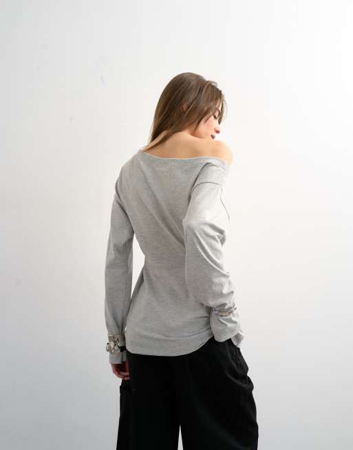 Topshop – Schulterfreies, tailliertes Oberteil in meliertem Grau, 2 von 4