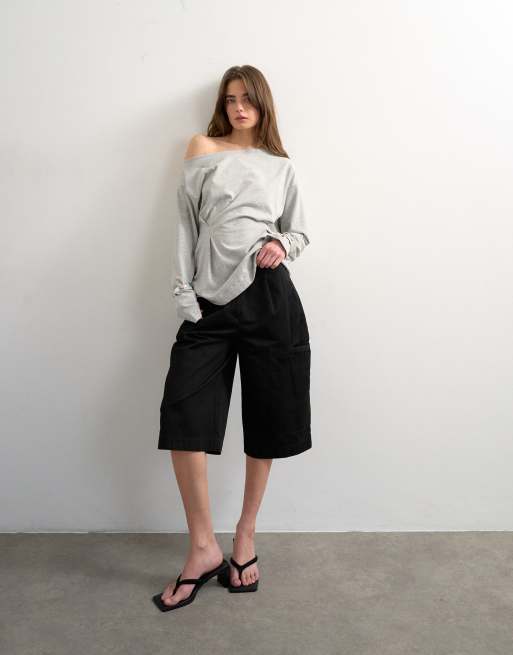 Topshop – Schulterfreies, tailliertes Oberteil in meliertem Grau, 4 von 4