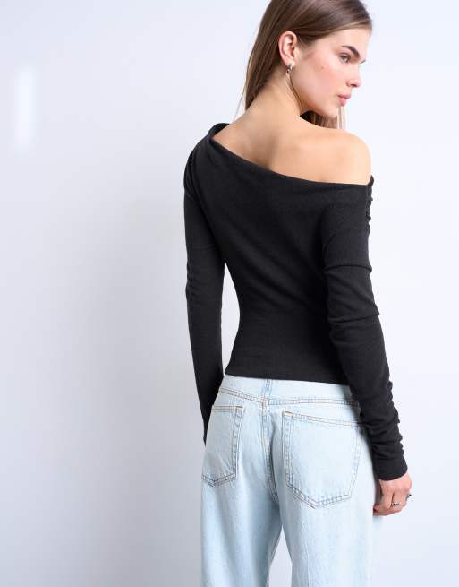 Topshop – Schulterfreies, weiches Oberteil in Schokobraun mit Raffung, 4 von 4