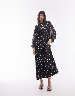 Topshop - Schwarz-weiß gepunktetes Jacquard-Midikleid mit gerafftem Dekolleté-Bunt