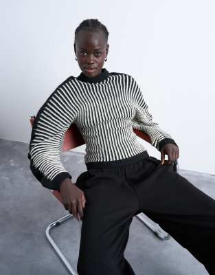 Topshop - - Schwarz-weißer Cocoon-Pullover mit Rippstrick und Plissee-Design-Bunt