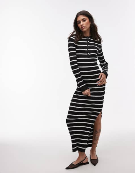 Topshop – Schwarz-weißes Strick-Maxikleid mit Knopfleiste - view 1