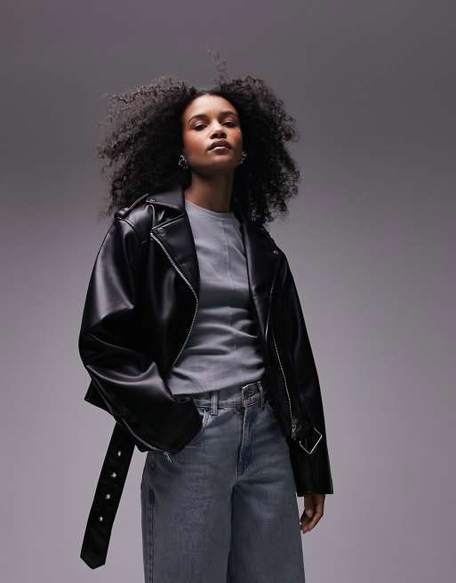 Topshop – Schwarze Bikerjacke aus Kunstleder