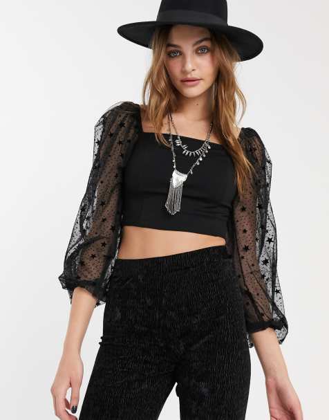 Topshop – Schwarzes Oberteil aus Netzstoff, Ärmeln mit Sternmuster