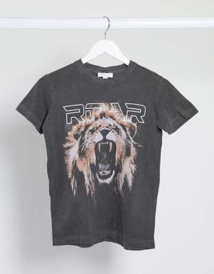 Topshop – Schwarzes T-Shirt mit Löwen 
