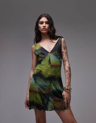 Topshop - Schwingendes, buntes Minikleid aus Crinkle-Netzstoff mit V-Ausschnitt-Schwarz