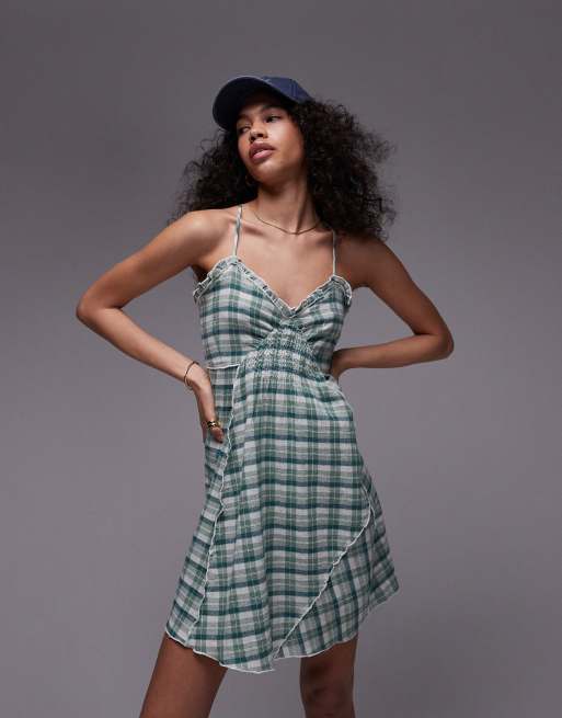 Topshop – Schwingendes, kurzes Riemchenkleid mit minzgrünem Karo und geraffter Taille