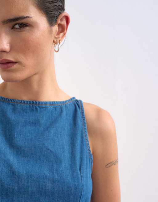 Topshop – Schwingendes Minikleid aus Denim in Mittelblau mit U-Boot-Ausschnitt, 4 von 4