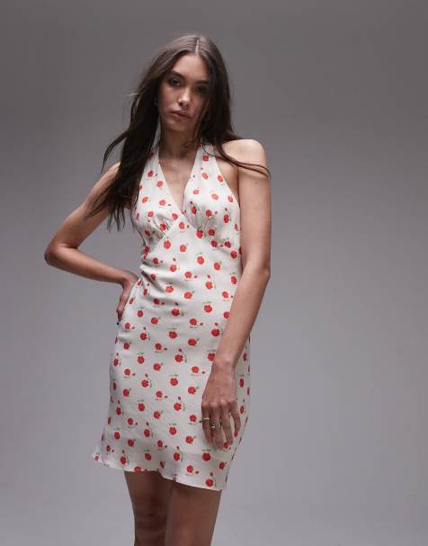 Topshop – Schwingendes Neckholder-Minikleid in Elfenbein mit Rosenmuster - view 1