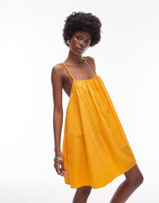 Topshop - Schwingendes Sommerkleid in Orange mit eckigem Ausschnitt und Gummizug-Gelb