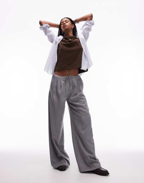 Topshop – Ściągane na sznurek dopasowane jasnoszare joggersy - view 1