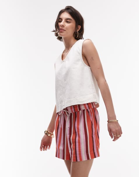 Topshop – Ściągane na sznurek lniane szorty z podwyższonym stanem w różowe paski - view 1