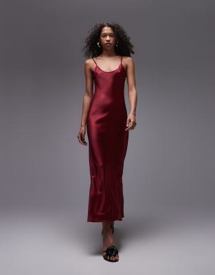 Topshop Scoop Cami Maxi Slip Dress In Burgundy-pink