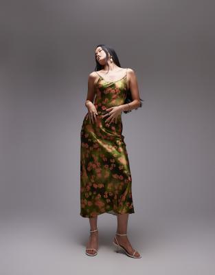 Topshop Scoop Cami Maxi Slip Dress In Green And Pink Floral