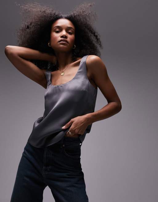 Topshop scoop neck cami in charcoal