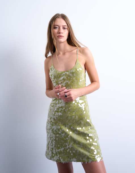 Topshop scoop neck mini sequin dress in avocado - view 1