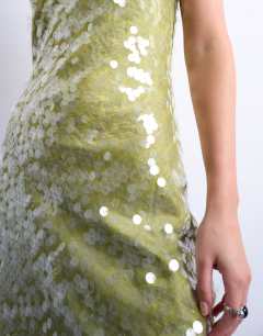 Model wearing Scoop neck mini sequin dress in avocado