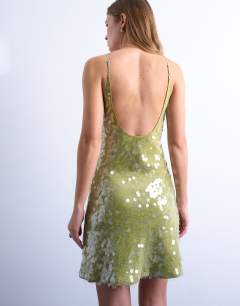 Model wearing Scoop neck mini sequin dress in avocado