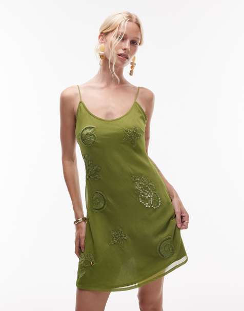 Topshop scoop neck mini shell embellished dress in khaki - view 1
