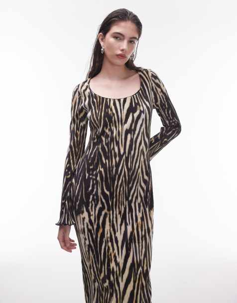 Topshop scoop neck plisse lettuce hem midi dress in mono zebra print - view 1