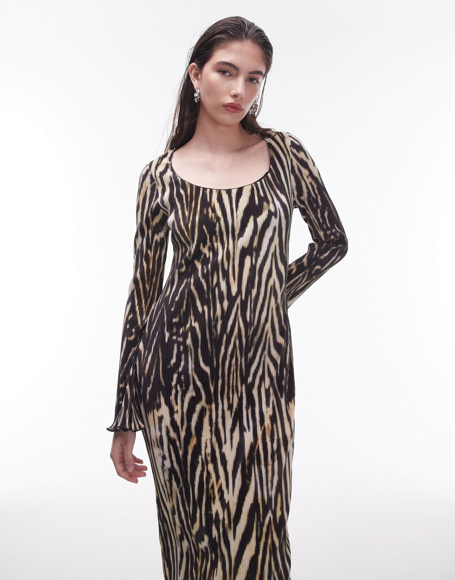 topshop scoop neck plisse lettuce hem midi dress in mono zebra print