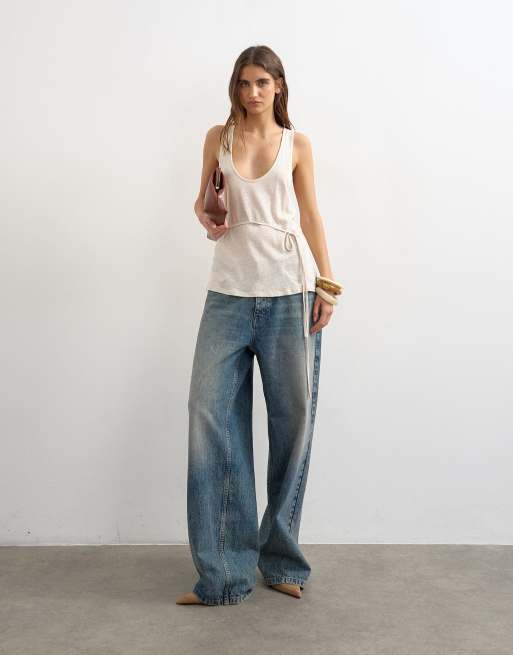 Topshop scoop neck ruched side linen look top in cream, 2 of 4