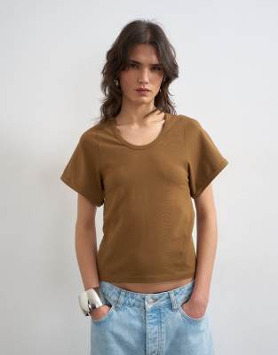 Topshop Scoop Neck Sculpted T-shirt In Neutral