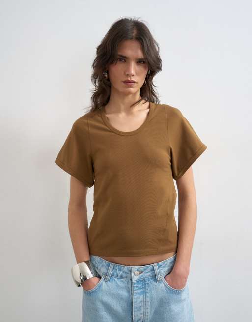 Topshop scoop neck sculpted T-shirt in dark olive, 3 of 4