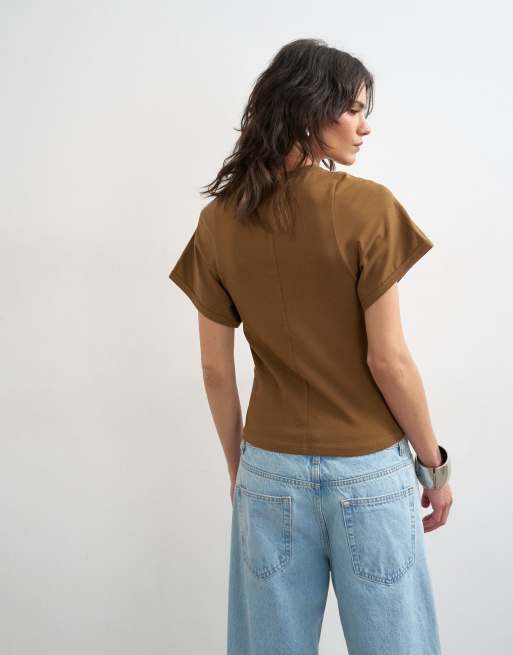Topshop scoop neck sculpted T-shirt in dark olive, 4 of 4