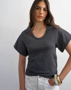 Model wearing Scoop neck sculpted t-shirt in slate