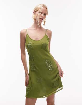 scoop neck shell embellished mini dress in khaki green