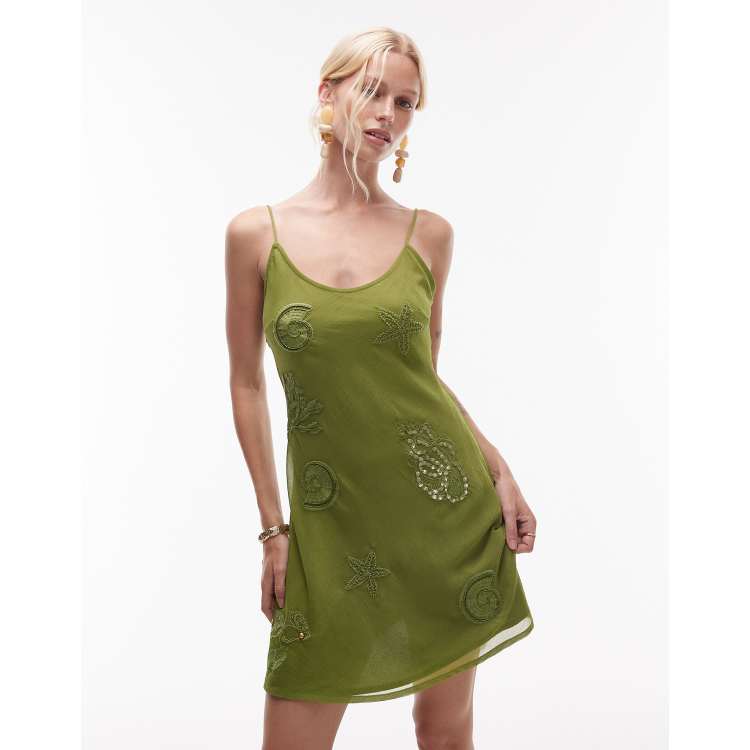Topshop scoop neck shell embellished mini dress in khaki green | ASOS