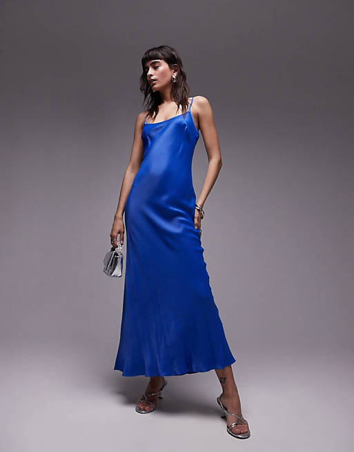 Topshop scoop neck slip maxi dress in blue | ASOS
