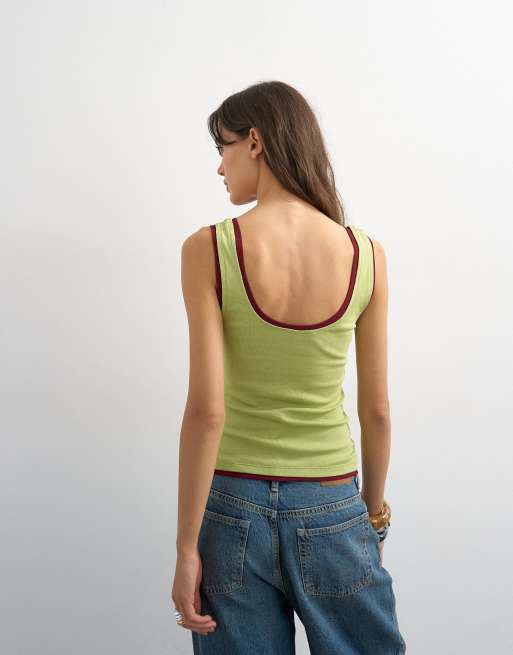 Topshop scoop singlet with contrast mesh tipping in green & plum, 3 of 4