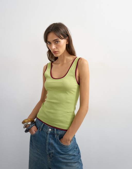 Topshop scoop singlet with contrast mesh tipping in green & plum, 4 of 4