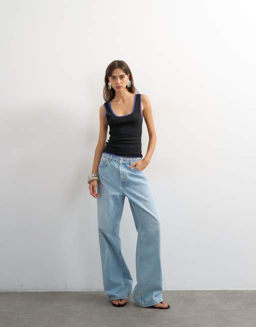 Topshop scoop vest with contrast mesh tipping in black and blue, 4 of 4
