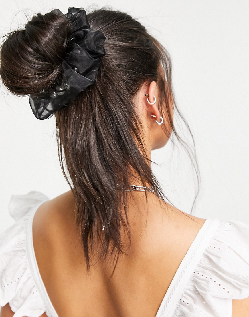 Topshop scrunchie in black organza with pearl