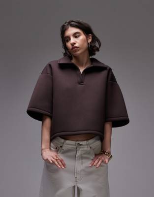 Topshop Scuba Short Sleeve Rugby Polo In Brown