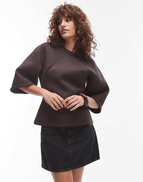 Topshop scuba structured short sleeve top in brown - view 1