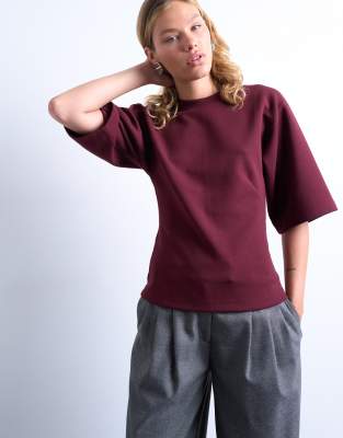 Topshop Topshop scuba-style fabric cinch short sleeve tee in burgundy-Red