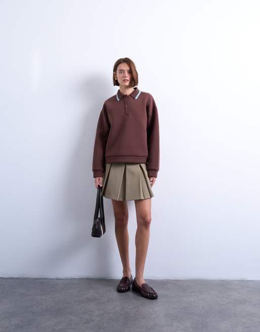 Topshop scuba-style fabric knit collar piped polo sweat in chocolate brown, 2 of 4
