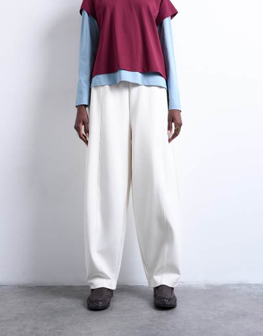 Topshop scuba-style fabric pintuck barrel leg sweatpants in ecru, 3 of 5